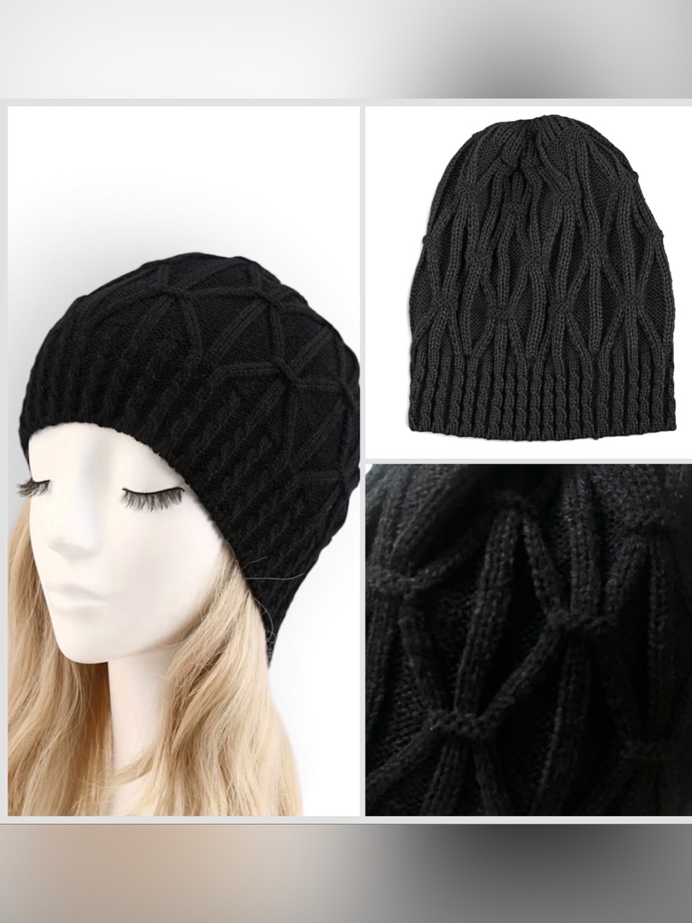 Black Cable Knit Beanie Hat